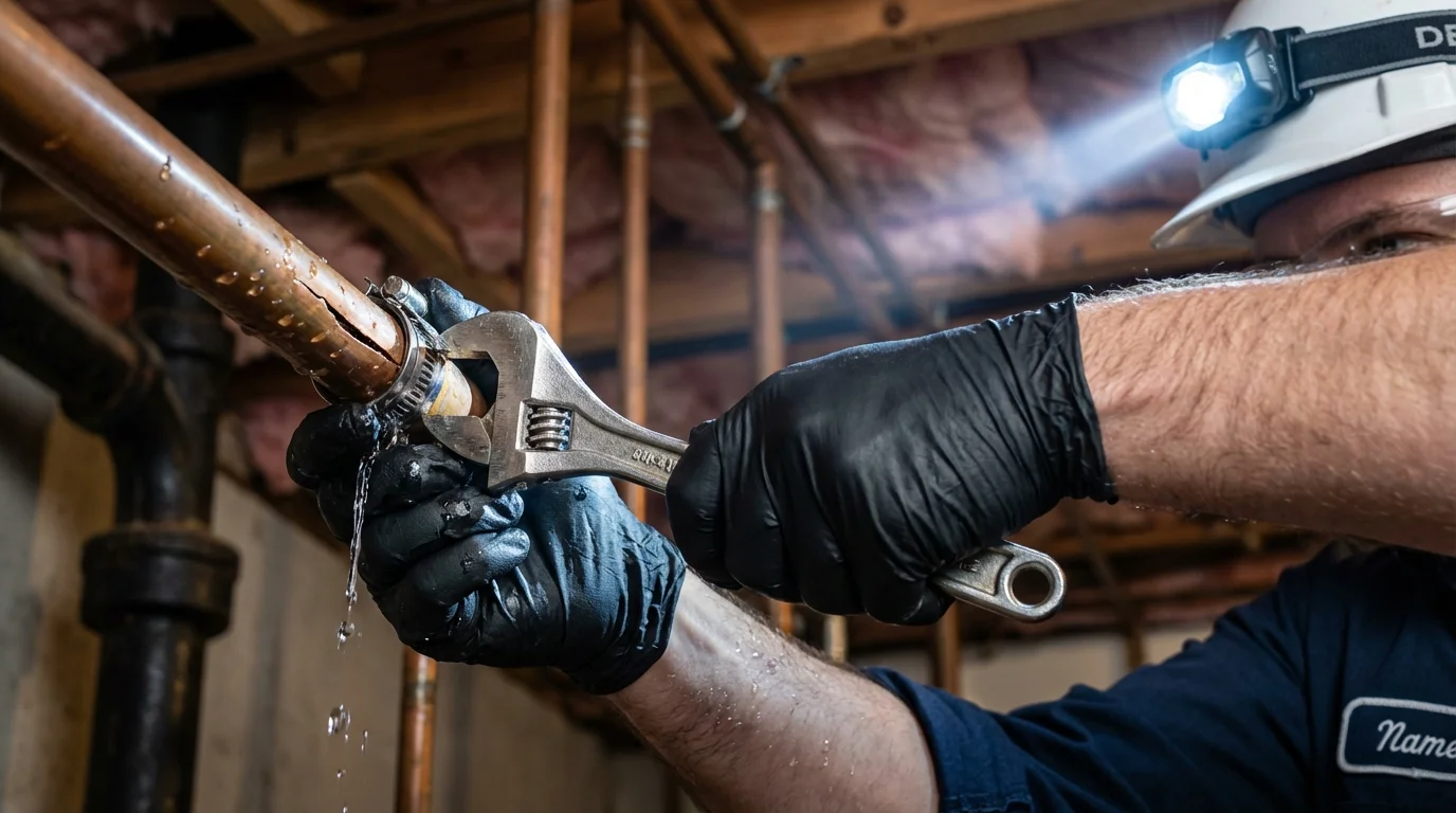 Emergency pipe clamp repair being performed by a Johns Plumbing LLC plumber in Iselin