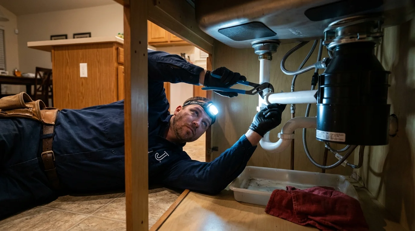 P-trap and supply line connections under a kitchen sink showing a common leak point in Iselin, NJ